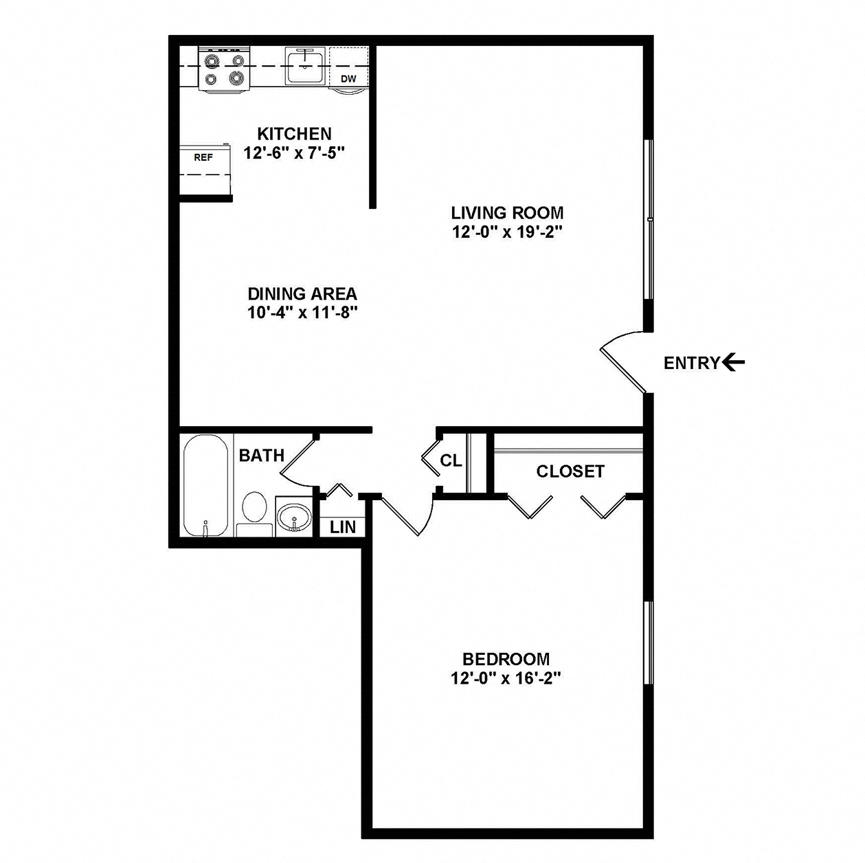 Floor plan for 1 bed, 1 bath, 720 sqft